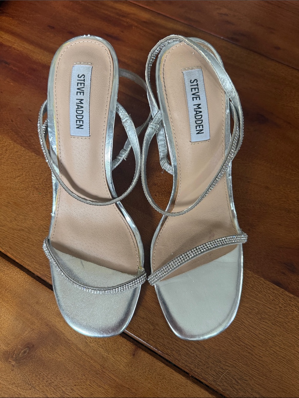 Steve Madden Silver Rhinestone-Strap Block Heel Sandals